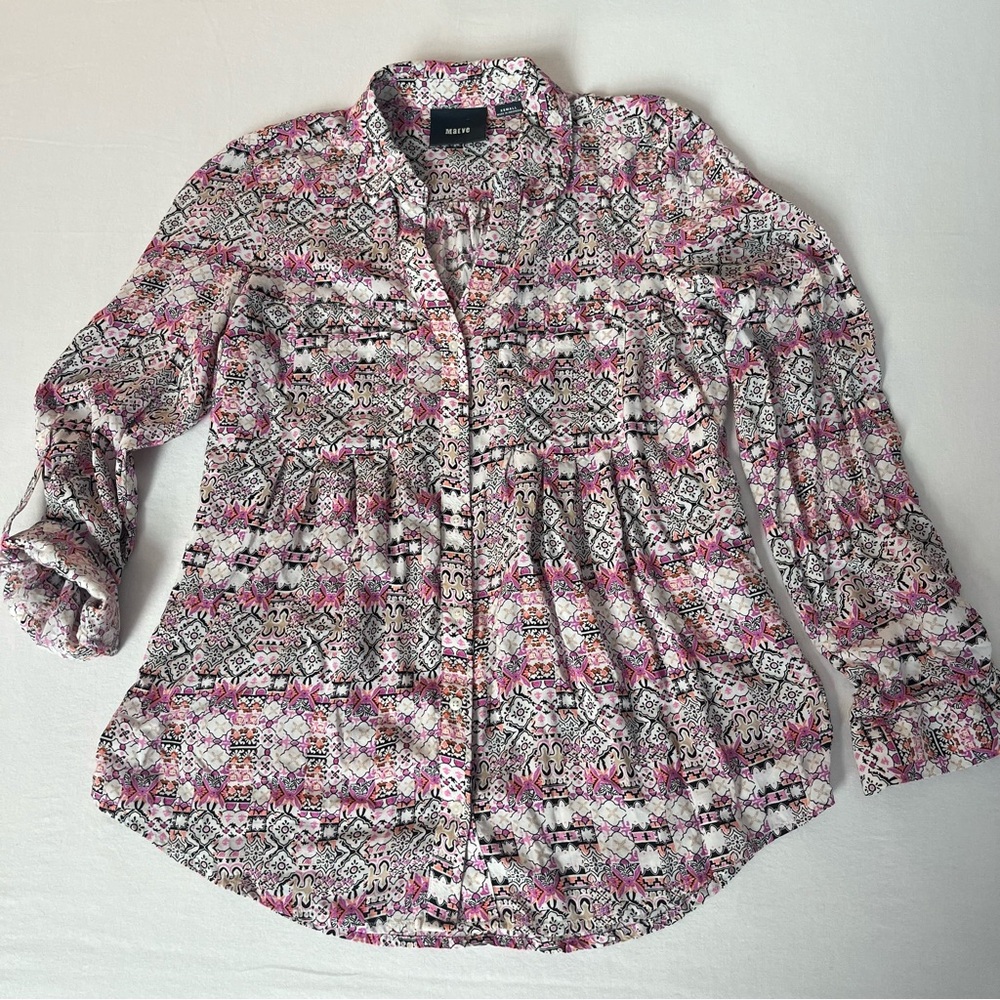 Maeve Anthropologie Islet Long Roll Up Sleeves Geometric Print Button Blouse XS